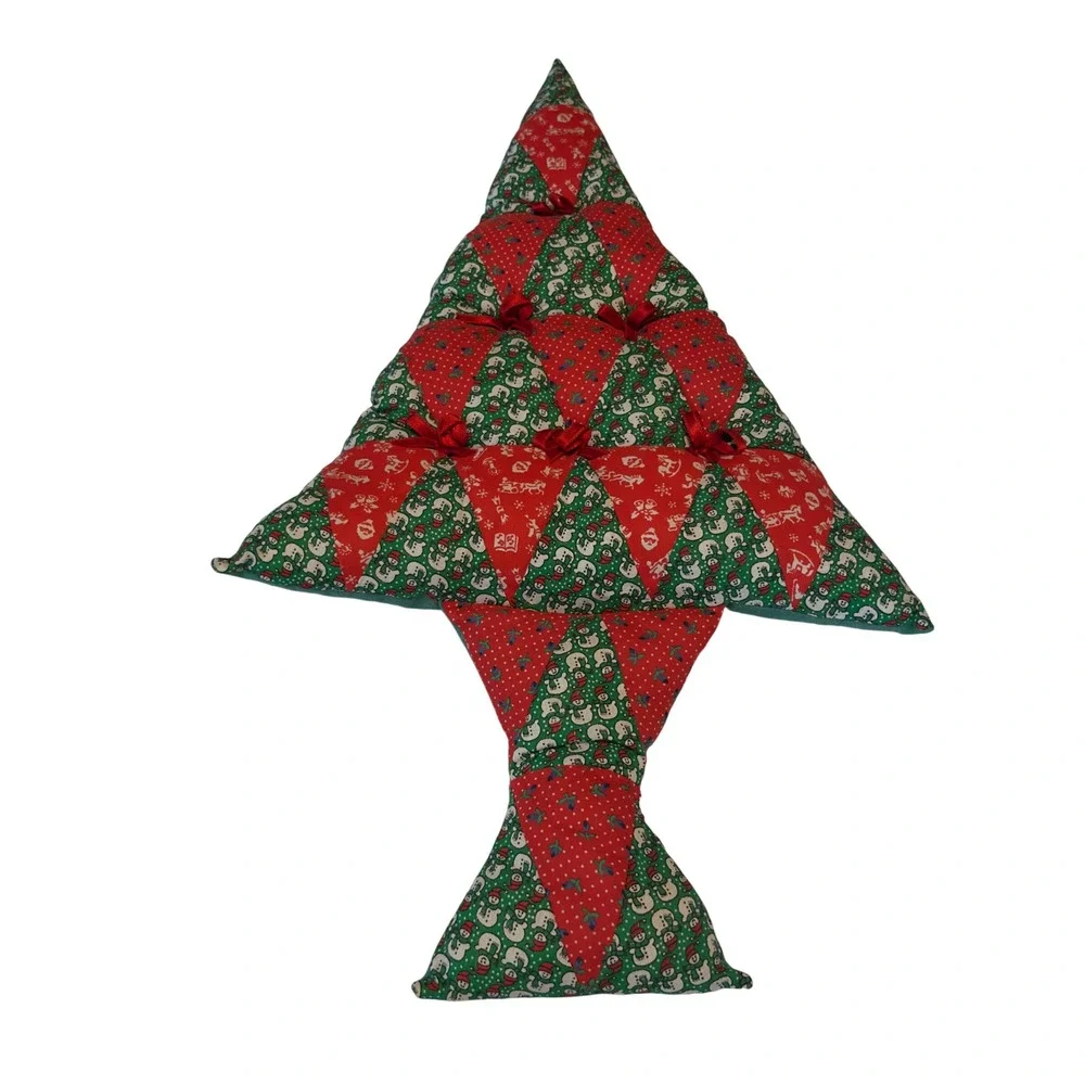 Handmade Quilted Christmas Tree Pillow Red Green Snowman Patchwork Wall Hanging‎